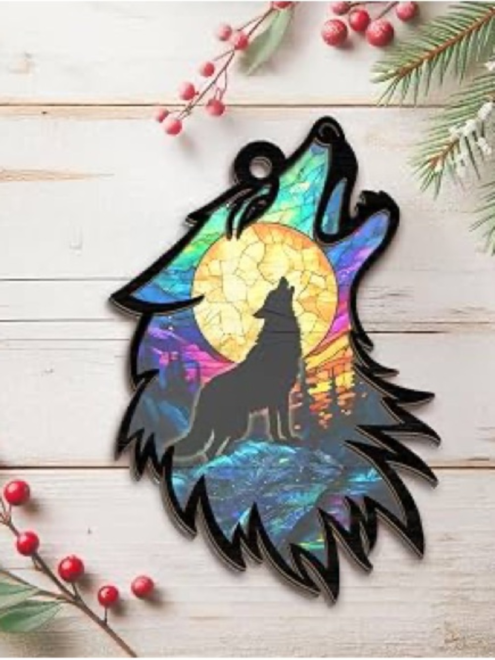 ✴️New✴️Iridescent Howling Wolf Pendant with Holographic Moon (2/$10)